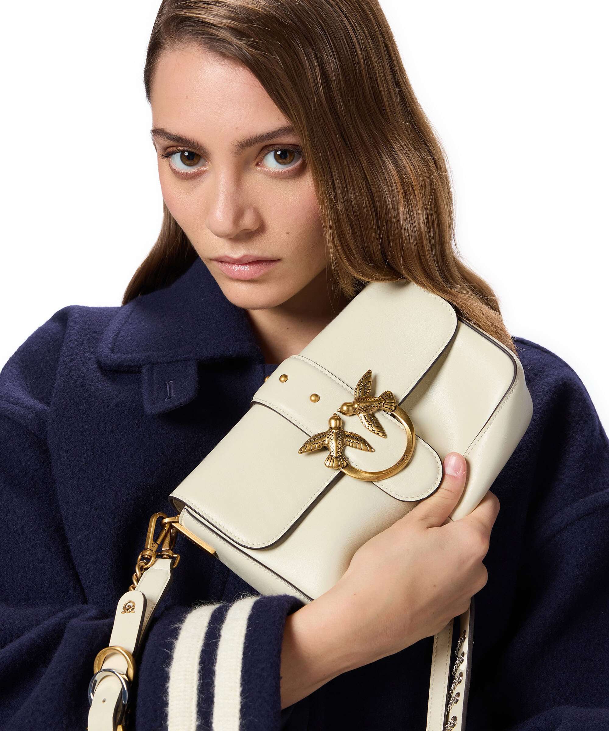 Pinko Love One Mini Slouchy Charms Crossbody tas bianco seta/antique gold - Image 3